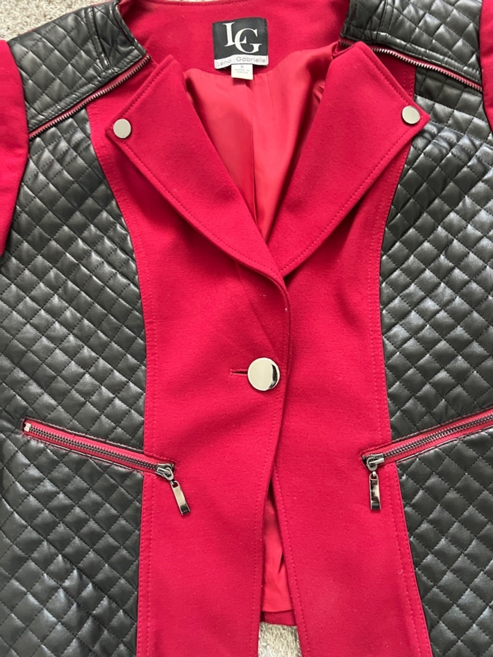 Lena Gabrielle Red Jacket Black Quilted Faux Leather Panels Zipper Trim - Size 8 - Picture 4 of 15